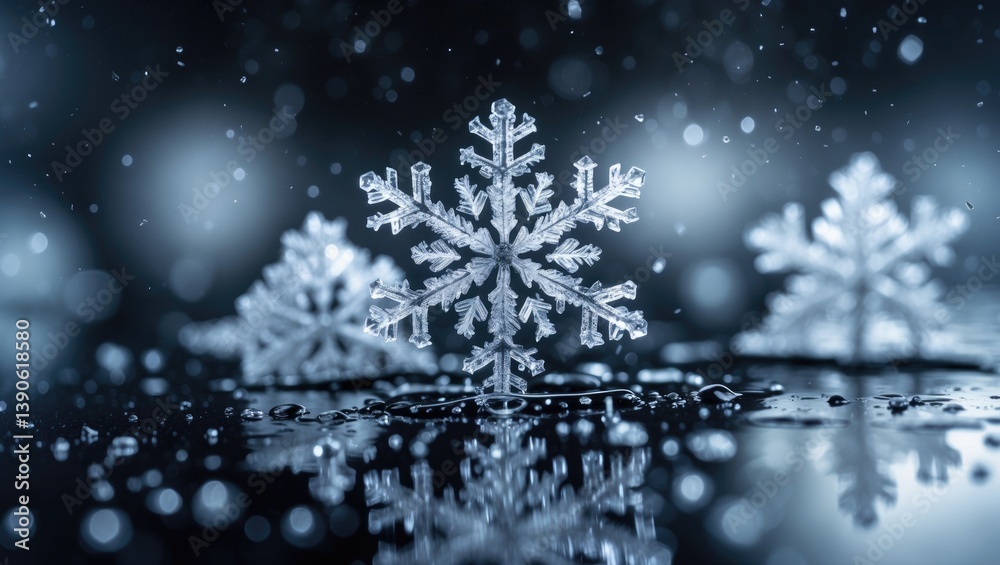Poster the photograph captures a tight view of a collection of delicate snowflakes resting on a dark surfac