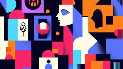 Modern abstract geometric art with bold colors and minimalist portraits on dark background