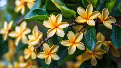 Vibrant yellow frangipani blossoms create a stunning display on a tree branch