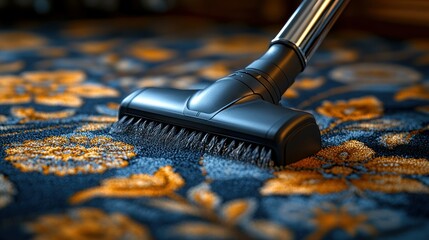 Vacuuming a patterned carpet.  Close-up of a vacuum cleaner's brush attachment cleaning a richly detailed