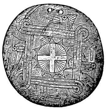 A sign of the status of leaders. Ornamental Shell Plate from North American Mounds. American antiquities. Publication of the "Meyers encyclopedia", Vol. 7, Leipzig, Germany, 1910.