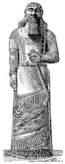 Statue of Ashurnasirpal II of Assyria. Ancient Oriental art. Publication of the "Meyers encyclopedia", Vol. 7, Leipzig, Germany, 1910.
