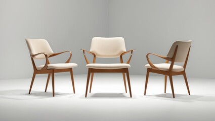 chair positioned on white ground . wooden and fabric seating . different viewpoint