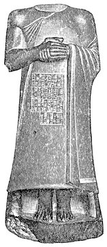 Statue of Gudea of Lagash with Inscription. Ancient Oriental art. Publication of the "Meyers encyclopedia", Vol. 7, Leipzig, Germany, 1910.