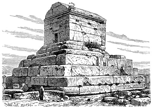 So-called Tomb of Cyrus at Pasargadae (Murghab). Ancient Oriental art. Publication of the "Meyers encyclopedia", Vol. 7, Leipzig, Germany, 1910.