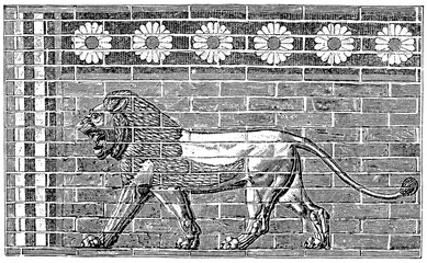 Detailed View of a Lion (Symbol of Goddess Ishtar) with Floral Frieze Below. Ancient Oriental art. Publication of the "Meyers encyclopedia", Vol. 7, Leipzig, Germany, 1910.