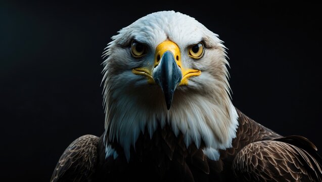 An intimate view of a sea eagle facing the camera, featuring a dark matte background