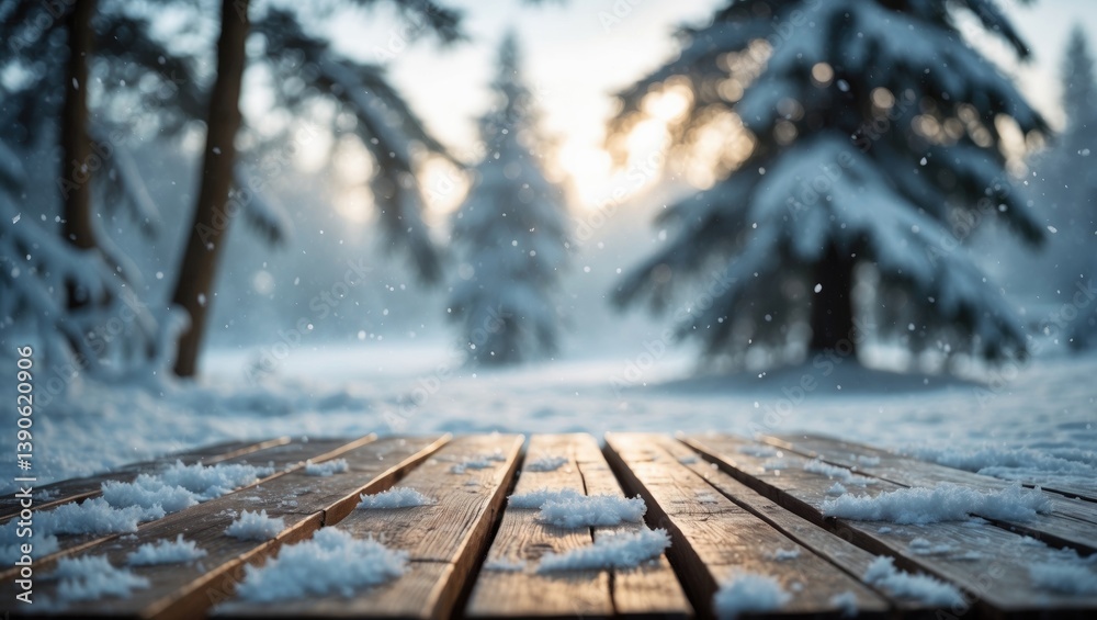 Poster scenic winter christmas view showcasing a wooden deck dusted with snow and blurred snowy fir trees i