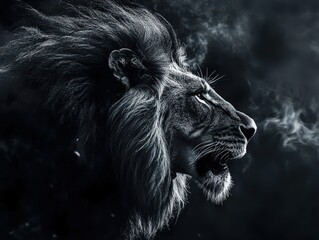 Majestic lion profile in monochrome with windblown mane and smoky background