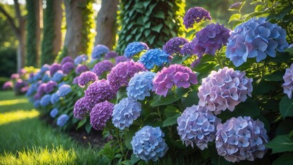 Obraz premium Ornamental shrub French hydrangea featuring purple and blue blooms. Hydrangea hedge in the garden. Colorful flower clusters. Plants in full bloom.