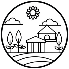 A cozy house in the snowy forest with a clear sky and a simple architectural design, featuring a roof, door, and windows, ideal for a logo or illustration representing nature and home