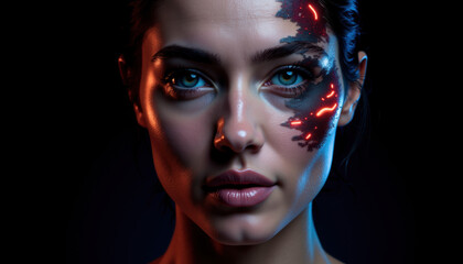 Obraz premium Futuristic woman with cybernetic makeup against a dark background 