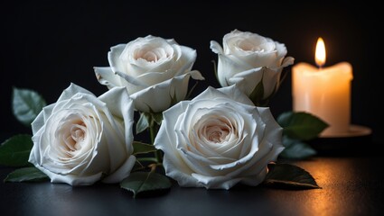 Obraz premium Flowers and a candle on a tabletop with a black background, ideal for a condolence card.