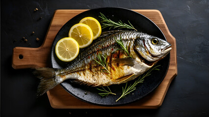 Fish dish, lemon slices, black plate, olive oil bottle, wooden mortar and pestle, salt and pepper bowls, rustic wooden table, top-down view, moody lighting, culinary photography