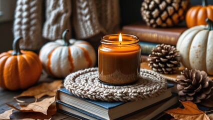 Fototapeta premium On a crocheted jute coaster resting on books, a soy candle in a brown glass jar emits a pleasant fragrance, with pumpkins and fallen leaves nearby, and knitted sweaters behind.
