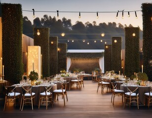 Escena para un banquete de una boda con mesas y sillas decoradas. Decoración de festival.