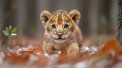 Obraz premium Young lion cub exploring a forest floor covered in autumn leaves, with trees in the background