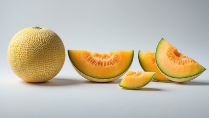 Isolated green melon and cantaloupe cut in half against a white background