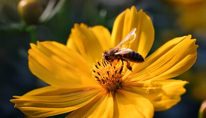 slow motion of a bee collecting nectar from yellow cosmos flower the vibrant flower with the flowers swaying in the breeze macro close up shots