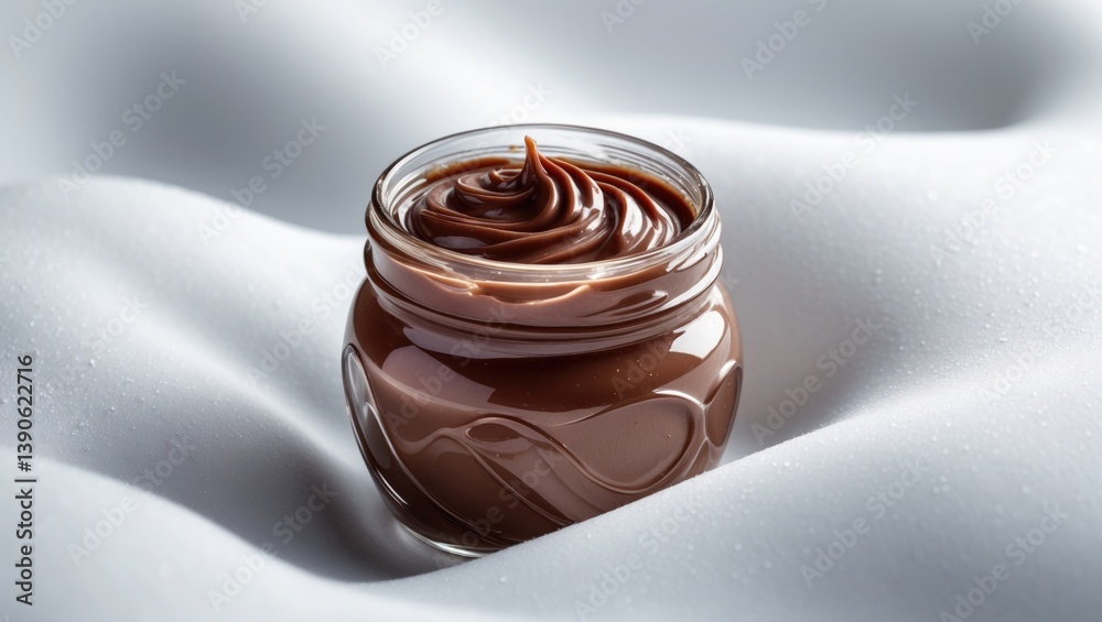 Aufkleber Hazelnut chocolate spread in a glass container against a white backdrop.