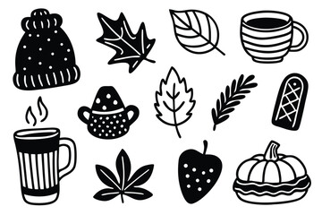 sticker set. Cozy hygge fall icons. Scarf, candle, hot chocolate, socks, pie, pumpkin spice latte etc