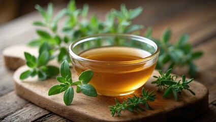 Glass bowl of syrup for common cold placed on a table with fresh leaves