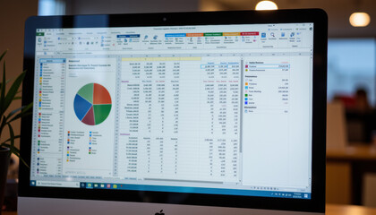 Computer showing Excel spreadsheet with data analysis graphs  
