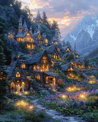 Fototapeta premium Fantasy village at sunset with castle, cottages, and lush landscape