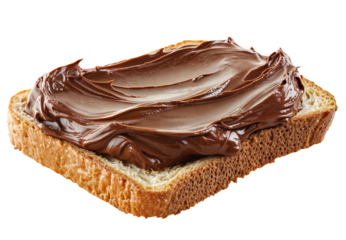 A slice of bread with a generous amount of chocolate spread smeared on it,  isolated over transparent background, PNG cut-out