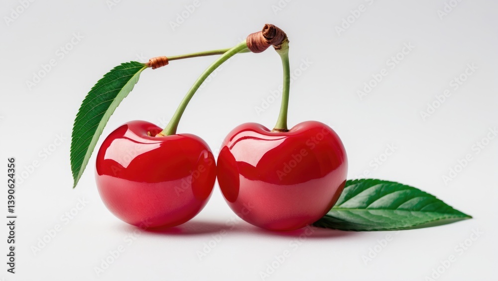 Poster cherry with leaf and stem isolated on a white background.