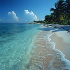 Idyllic tropical beach with clear water and lush greenery high resolution picture