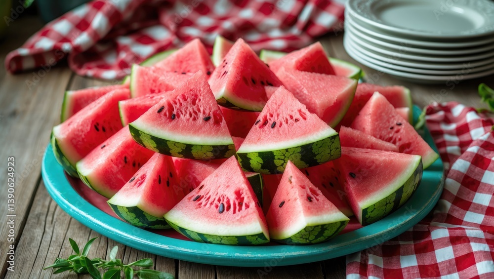 Poster stack of triangular slices of a refreshing, cold, and tasty watermelon arranged on a big dish. whole
