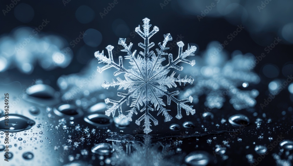 Poster this detailed photograph highlights a group of delicate snowflakes on a dark surface, showcasing the