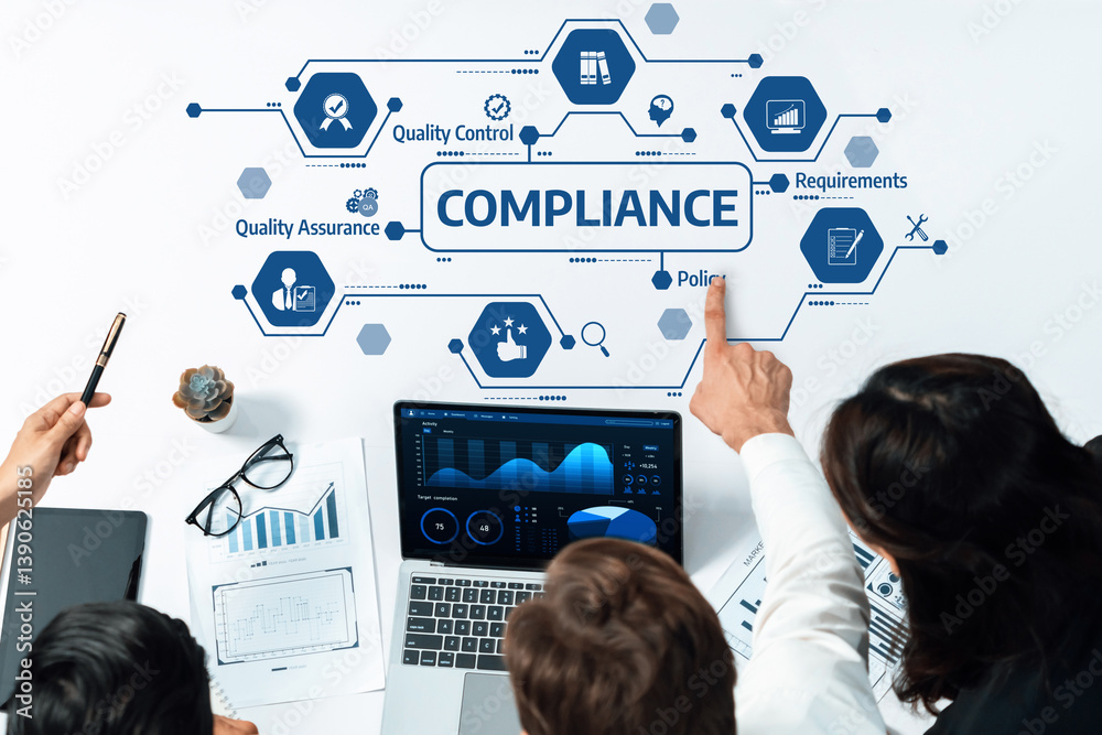 Poster a diverse team collaborates on compliance and quality control strategies using data analysis, techno