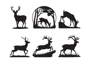 Deer silhouette icons - Set of six deer poses for wildlife, nature, and hunting-related designs
