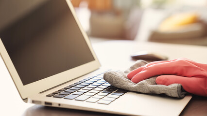 Woman of cleaning computer keyboard, cleaning concept