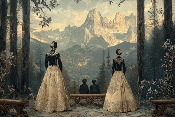 Baroque elegance ornate period dresses in dramatic mountain landscape with architectural grandeur
