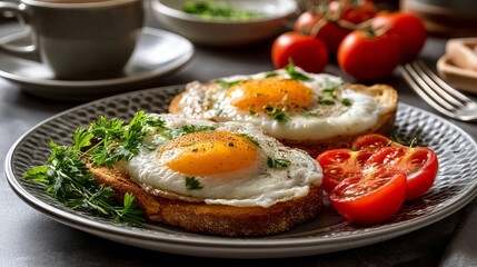 Delicious Fried Eggs on Toasted Bread with Fresh Parsley and Juicy Tomatoes Healthy Breakfast Food Photography Gourmet Style Tasty Meal Image red dish cook herb plate white green brown recipe eating  