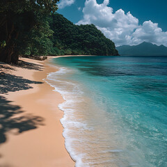 Peaceful tropical beach with clear water and vibrant green foliage high resolution picture