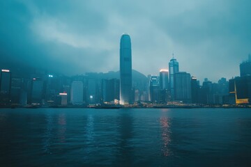 Fototapeta premium Cinematic low angle view of illuminated skyscrapers in a misty city night, Cinematic low shot of City Skyscrapers