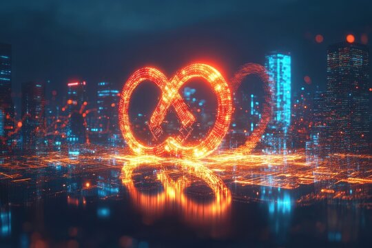 Innovative digital design featuring infinity symbol and padlock over data processing in a modern cityscape, infinity sign and padlock with data processing over cityscape - Powered by Adobe