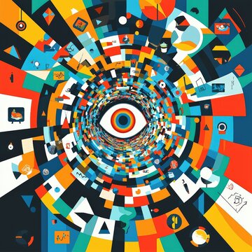 Fototapeta Abstract geometric eye composition with vibrant swirling patterns in orange, blue, and green