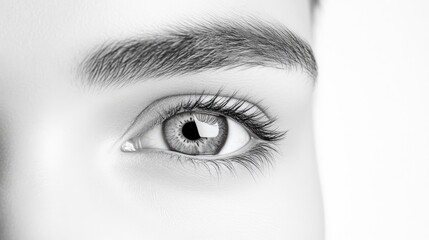 A close-up of a human eye with detailed iris and eyelashes, black and white composition, high contrast and sharp focus, and concept of vision and perception.