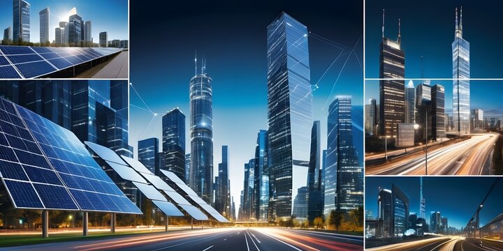Modern Business Technology Innovation, Collaboration, And Progress. Data Analytics Showcase Insights. Solar Panels Represent Sustainability. Cityscapes Highlight Future Development.