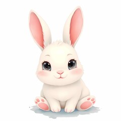 Cute Cartoon Rabbit With Big Eyes Sitting on White Background