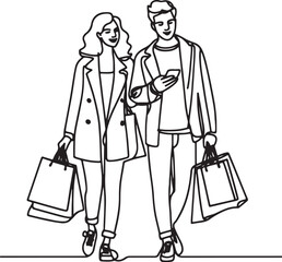Romantic Couple Holding Paper Bags. Shopping Vector Line Art