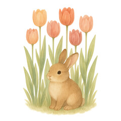 Gentle Brown Rabbit Surrounded by Vibrant Watercolor Tulips in a Soft Spring Setting
