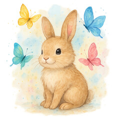 Playful Bunny Surrounded by Colorful Watercolor Butterflies on a Soft Pastel Background