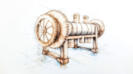Steampunk machine sketch with gears and pipes displaying retrofuturistic technology