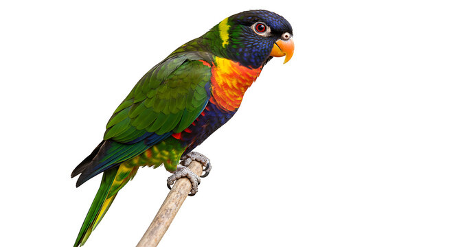 Vivid lorikeet showcasing vibrant plumage on a twig against a clear backdrop